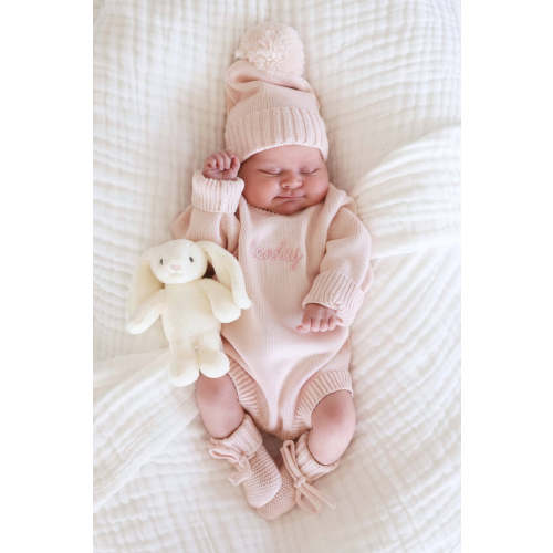 Embroidered Knit Sweater Bubble Romper in Tea Rose | Caden Lane