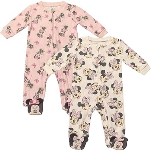 Magic Threadz Disney Clothes Baby Girls 2-Pack Quilted Footie Coveralls - Minnie Mouse and Princess Bodysuits (0/3M-6/9M)