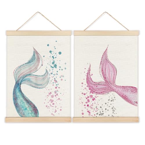LZYRF Beach Sparkle Mermaid Wall Art Poster Framed, Beachy Room Decor, Coastal Glitter Blue and Pink Mermaid Tails Canvas Prints Wall Decor for Kids Girls Bedroom Dorm, 12x16 Inch Set of 2