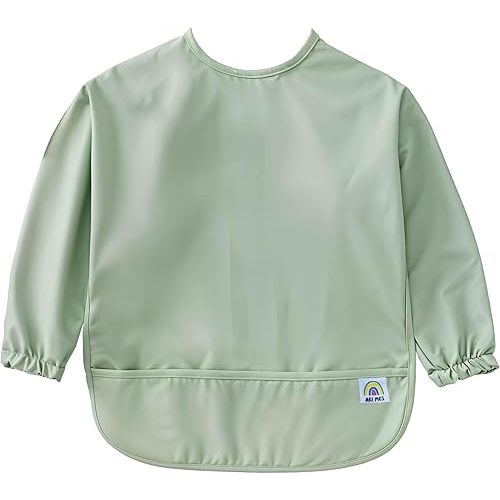 ARI MES Long Sleeves Waterproof Baby Bibs for Eating - Green, Small - Wearable, Coverall for Toddler, Long Sleeve Bib, Smock Apron for Feeding - Applicable for 6-72 Months