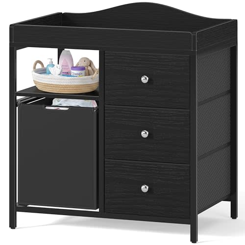 BOLUO Black Changing Table Dresser with 3 Fabric Drawers and Hamper, Baby Dresser with Changing Table Top, Nursery Diaper Changing Station with Storage Shelf Modern
