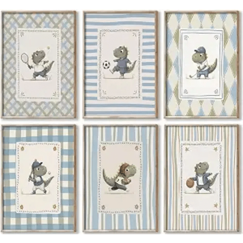 6Pcs Dinosaur Nursery Wall Art Vintage Sports Nursery Canvas Wall Decor Cute Cartoon Dino Painting Picture Watercolor Dino Poster Pints Artwork for Kids' Room Playroom Boy Room 8x10Inch Unframed