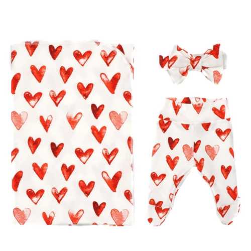 Heart Throb - Handmade Cotton Swaddle + Outfit Set | Newborn Size | Footie Pants, Hat or Bow, Swaddle Blanket | Girl Valentine