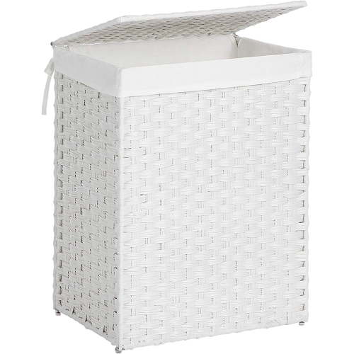 23.8 Gal (90L) White Laundry Hamper Wicker Laundry Basket with Lid and Handles Clothes Hamper Foldable Removable Liner Bag White