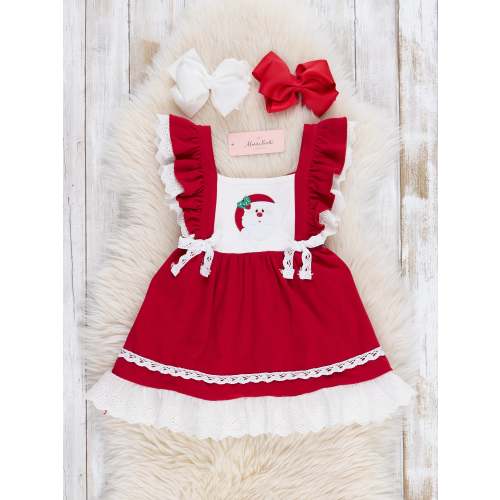 Christmas Red Embroidered Santa Lace Ruffle Dress