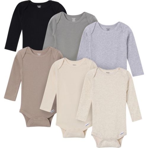 Gerber Baby Neutral 6-Pack Long Sleeve Bodysuits, Gray, Black and Brown, Newborn