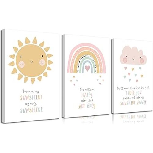 3pcs Pink Nursery Canvas Wall Art Kids Bedroom Baby Girls Toddler Pastel Wall Decor Pictures Cute Sun Rainbowdark Clouds Posters Prints for Classroom School Nursery Decoration Ready To Hang