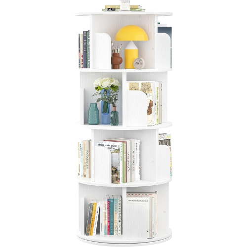 Homieasy Rotating Bookshelf, Small Corner Bookshelf for Small Space, 360 Display 4 Tier Floor Standing Bookcase Storage Rack, Wood Narrow Book Shelf Organizer for Bedroom, Living Room, White