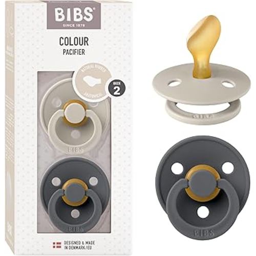 BIBS Colour Anatomical Soother 2-Pack, BPA Free Dummy Pacifier, Orthodontic Nipple. Natural Rubber Latex, Made in Denmark. 6-18 Months (Pack of 2), Sand/Iron