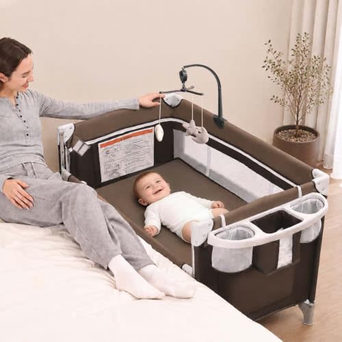 5-in-1 Baby Bassinet Bedside Sleeper, Foldable Pack and Play(Brown) | One-Push Bedside Crib with Playard, Includes Mattress, Changing Table, Mosquito Net, Storage for Newborn to Toddler