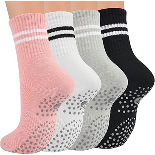 Toes Home Pilates Socks for Women, Grip Yoga Crew Socks, Non Slip Socks | Grippy Socks Woman for Barre, Sticky Slipper Socks For Hospital, Barefoot Workout Socks, Gifts for Women, 4 Pairs