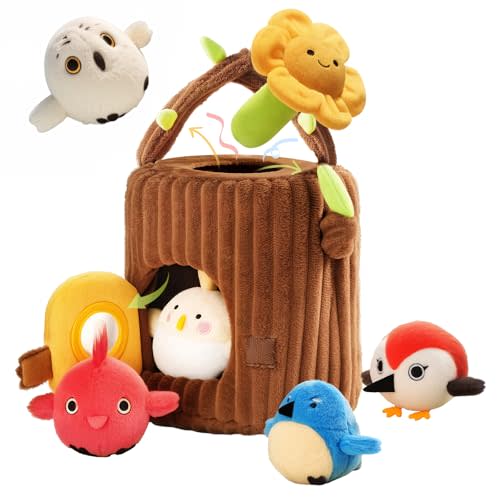Evoceler Surprise Tree Stump with Birds, Rattle, Crinkle Paper,Squeaker & Mirror | Soft Montessori Toys for 6 Month Old Babies | Sensory Toddlers 1-3, 1 Year Old Boy Girl Gifts, Baby Toys 6-12 Months