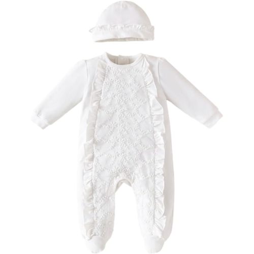 Newborn Baby Girls Embroidery Romper Infant Bodysuit Christening Baptism Footed Outfits Jumpsuit