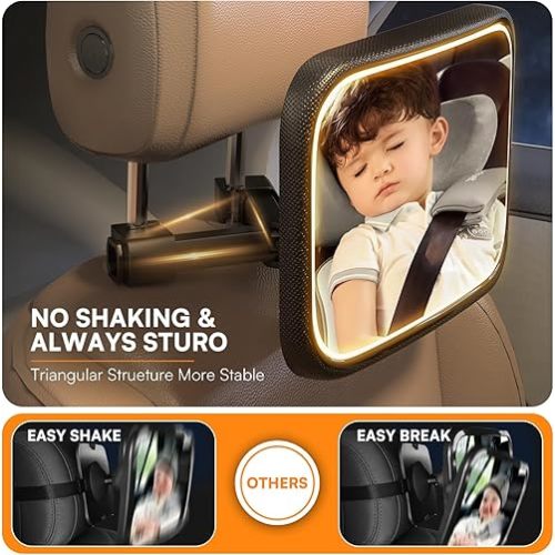 Semxnly Baby Car Mirror with Light - Rechargeable Baby Mirror for Car with Remote Control, Clear Vision, 360° Rotation Rear Facing Car Seat Mirror, Shock and Shatter Resistant