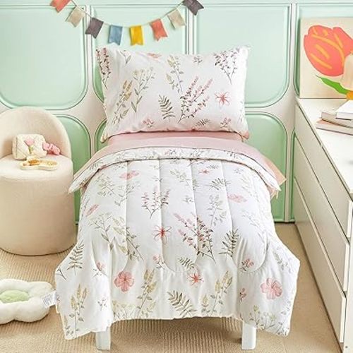 4 Piece Cotton Toddler Bedding Set for Girls, Pink Flowers Reversible Design, Soft Breathable Cotton Toddler Comforter Set