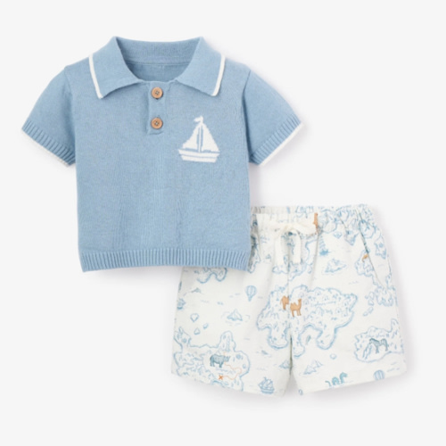 Nautical Knit Polo + Explorer Print Shorts – Elegant Baby