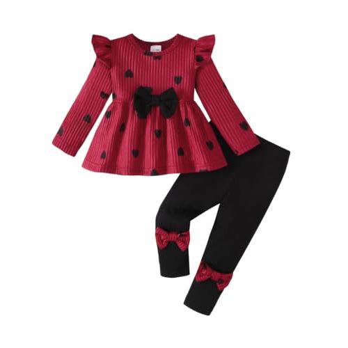 Renotemy Baby Girl Clothes Fall Winter Cute Toddler Girls Outfits 3M-3T | Long Sleeve Ribbed Sweatshirt and Pants Set,Toddler Girls Sweet Birthday Gifts,Cute Ruffle Bow Daily Holidays Clothing Set