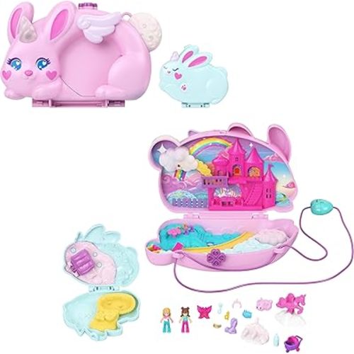 Polly Pocket Wearable Travel Toy with 2 Micro Dolls and 12 Accessories Including Pets, 2-in-1 Bunny Fun Compact Purse Playset with Bunny Unicorn Theme (Amazon Exclusive)