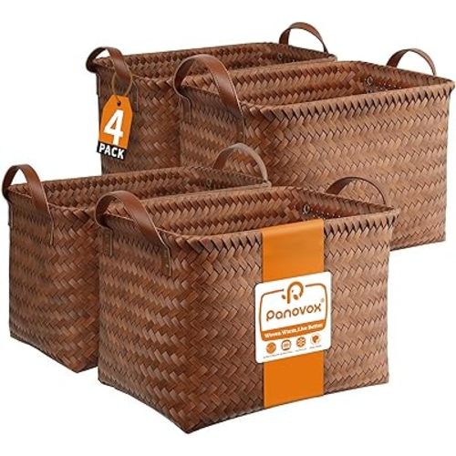 Hand Woven Baskets for Storage, 4Pcs Water-Resistant Wicker Baskets, Brown Wicker Storage Baskets for Shelves, Large Basket with Handle for Organizing, Clothes, Laundry, Blanket - Rectangular