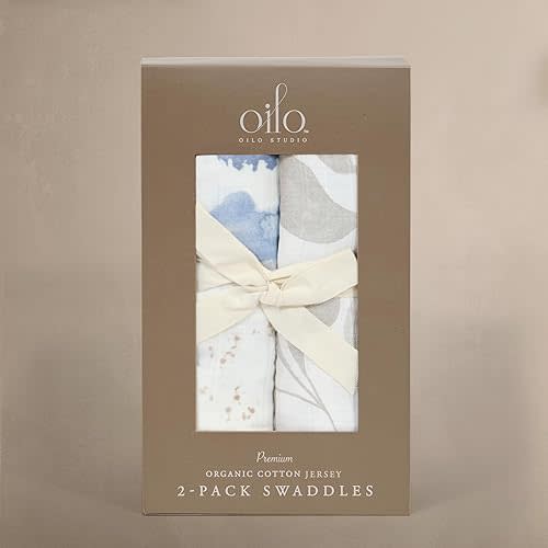 Premium Jersey Swaddle Blanket Set, Breathable Organic Cotton 4-Way Stretch Jersey, Soft Large Receiving Blanket (46" x 46"), 2-Pack, Girl, Boy, & Neutral Design, Misty Mountain & Beige Leaf