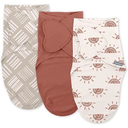 SwaddleMe by Ingenuity Monogram Collection Baby Swaddle, 100% Cotton, Improves Sleep & Calms Startle Reflex, 0-3 Months, Pocket Fold Design for Easy Changes, 1.0 TOG, 3-Pack - Rising Sun
