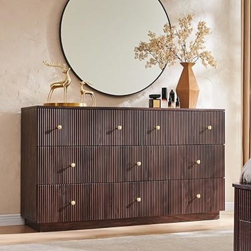 Fluted Dresser for Bedroom, 55" W 8 Drawer Dressers, Wood Tall Dresser Storage Organizer, Modern Bedroom Chest of Drawer with Deep Storage for Closet Hallway, Entryway, Living Room, Brown
