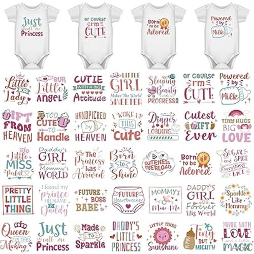 Iron on Decals for Clothing, 36 Sheets, Baby Shower Games Heat Transfer Stickers, Cute Animal Theme, Gender Reveal Patch for Bibs and Bodysuit DIY Crafts (Baby Girl - 36PCS)