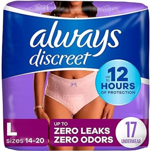 Always Discreet Adult Incontinence & Postpartum Underwear for Women, Maximum, Large, 17 Count (Packaging May Vary)