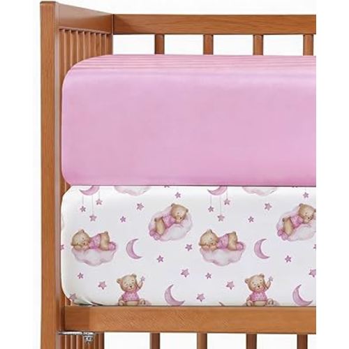 Baby Crib Sheets for Boys & Girls - Pack of 2 Fitted Microfiber Crib Sheets for Standard Crib & Toddler Mattress - Soft, Breathable & Wrinkle Free - Machine Washable, Oeko Tex - 52x28x8in - Dream Bear