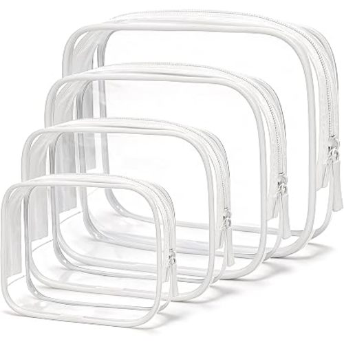 LETGO Small Clear Toiletry Bag, 4 Packs TSA Approved Water resistant Quart Size Travel Organizer, Airport Airline Travel Essential Carry On Makeup Cosmetic Bags for Women (White, Pack of 4)