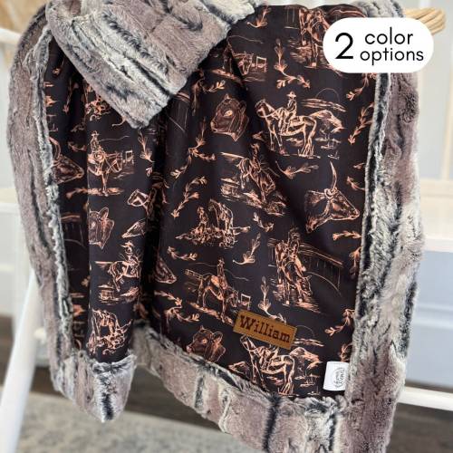 Personalized Rodeo Baby Boy Blanket for Cowboy Baby Name Tag Blanket Western Nursery Little Buckaroo Bucking Horse Bull and Bronc Bedding