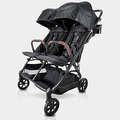 Strolee Lightweight Double Side by Side Stroller - 22 Lbs, 9.5" Compact Fold, Twin Nap Ready Seating, No Rethread Harness, Magnetic Buckle & Ultra Plush Seat 60Lb Max Per Seat- (v2 Black)