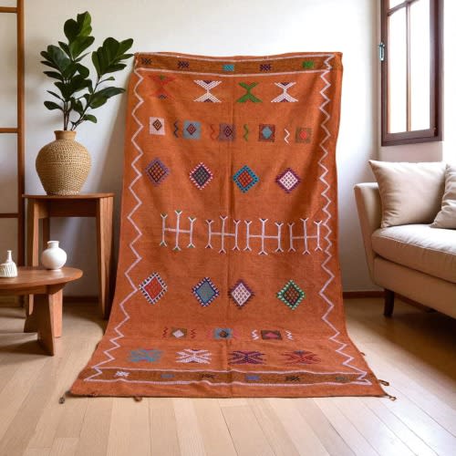Rust Moroccan Rug | Flatweave Wool Berber Carpet | Tribal Geometric Kilim, Handmade Boho Area Rug, Custom Size, Flat carpet, Free shipping