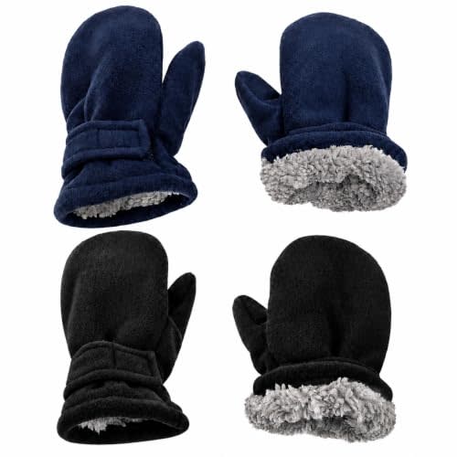 N'Ice Caps Baby Toddler Mittens Kids 2 Pair Pack Fleece Warm Sherpa Lined | Infant Winter Gloves, Double-Layered for Warmth in Cold Weather and Snow, Easy-On Wide Opening and Adjustable Wrist Strap
