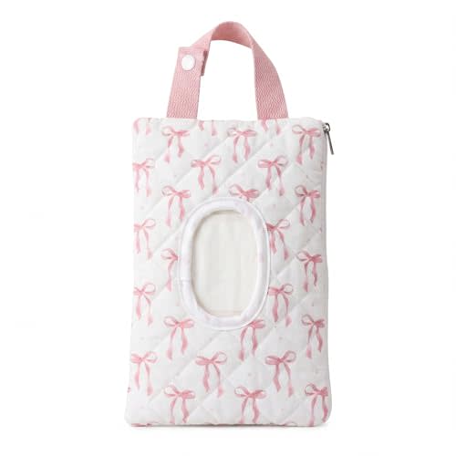 Quilted Baby Fabric Wipe Holder with Handle,Bow,Pink | Fabric Dispenser Bag Portable Wet Wipes Pouch for Baby Travel Home Car Stroller
