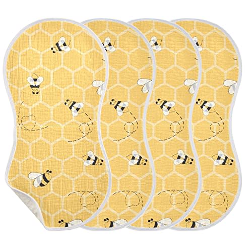 Cute Bee On Honey Yellow Honeycomb Muslin Burp Cloths for Baby 4 Pack 100% Cotton Baby Washcloths Bibs for Boy Girl
