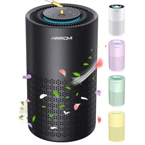 AIRROMI Air Purifier for Bedroom with HEPA 3-in-1 Filter, Pet Air Purifier for Home Cat Pee Smell, Covers Upto 990 Ft², Quiet 360°intake Air Cleaner for pet hair,allergies,Dust,Smoke A2001 Black