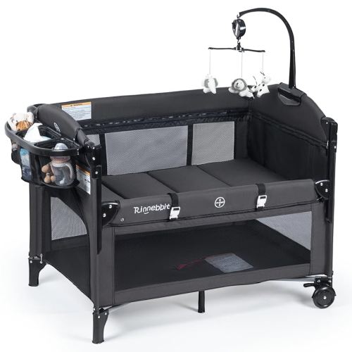 Baby Bassinets Bedside Sleeper, 4 in 1 Portable Bedside Crib w/Mattress, Diaper Changer, Storage Basket, Music Box, Carry Bag, Foldable Playard Sleeper for Newborn (Black)