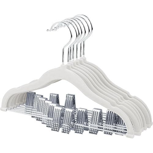 ManGotree 11.8'' Baby Velvet Hangers with Movable Clips, Non-Slip Kids Felt Hangers, Ultra-Thin Space-Saving Children's Clothes Hangers for Skirts, Pants, Dresses, Shirts, Jackets (7 Pack, White)
