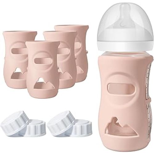 4 Pack Silicone Sleeves for Philips Avent Natural Glass Bottle, Food Grade Silicone Cover and 4pcs Travel Caps, Lids Replacement (4Pink, 8oz)