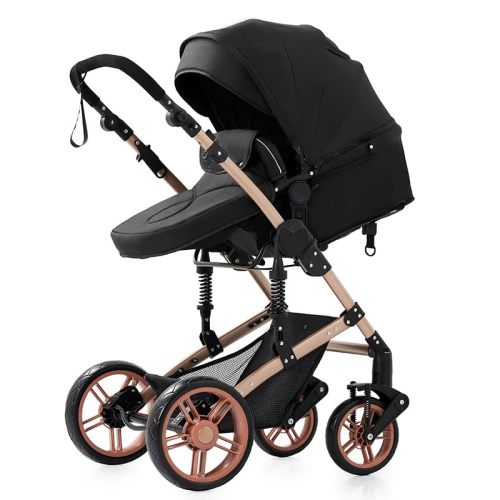Premium 2 in 1 Reversible Bassinet Stroller with Triangular Stability Frame & Front-Wheel Spring Suspension, Compact One-Click Fold(Gold&Black)