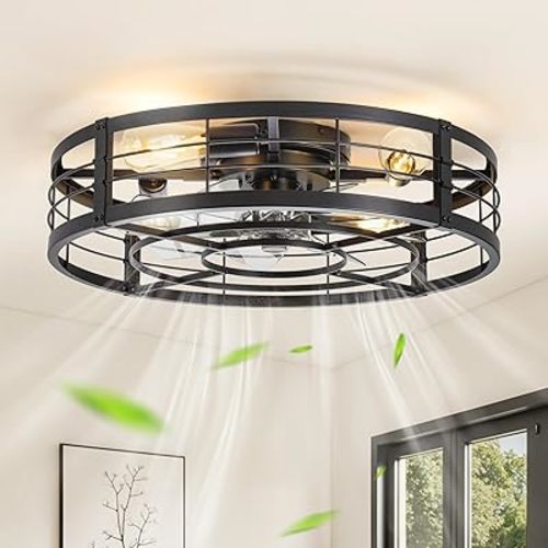 LEDIARY 23" Caged Ceiling Fan with Light and Remote, Low Profile Flush Mount Fandelier, Black Bladeless Enclosed Small Fan Lights Ceiling Fixtures, Rustic Farmhouse Style for Bedroom, Outdoor
