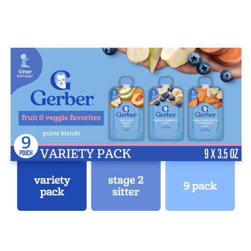 Gerber Toddler Food Snack, Fruit and Veggie Smoothie Puree Variety Pack, 3.5 oz Pouches (9 Pack)