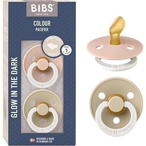 BIBS Pacifiers 0-6 Months | 2-Pack Soothers | Anatomical Nipple | BPA-Free Natural Rubber | Made in Denmark | Blush Glow/Vanilla Glow Colour Pacifier