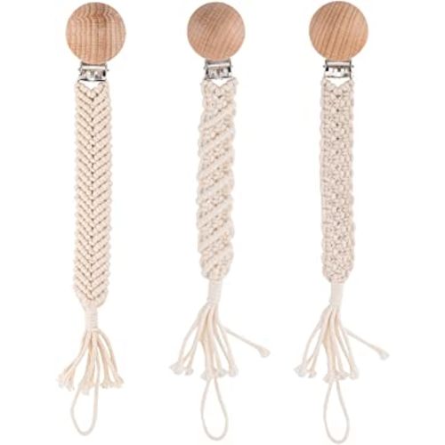 Boho Pacifier Clip for Boys Girls Pacifier Holder Leash Wooden Clips Handmade Braided Cotton Unisex Baby Shower Birthday Gift Christmas Gift (Pattern 3)