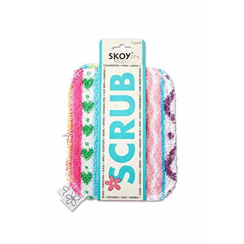 Skoy Scrub, 2-pack Reusable, Non-Scratching Dish Scrubber for Kitchen and Household Cleaning, Planet-Friendly, Dishwasher Safe Soft Scrub, Assorted Colors and Designs