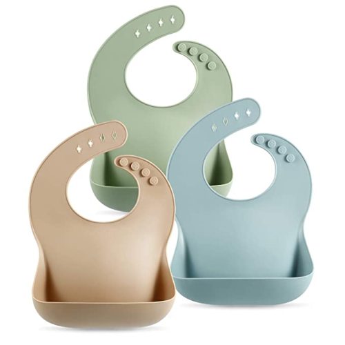 PandaEar (3 Pack) Cute Silicone Baby Bibs for Babies & Toddlers (10-72 Months) Waterproof, Soft, Unisex, Non Messy (Brown/Blue/Green)