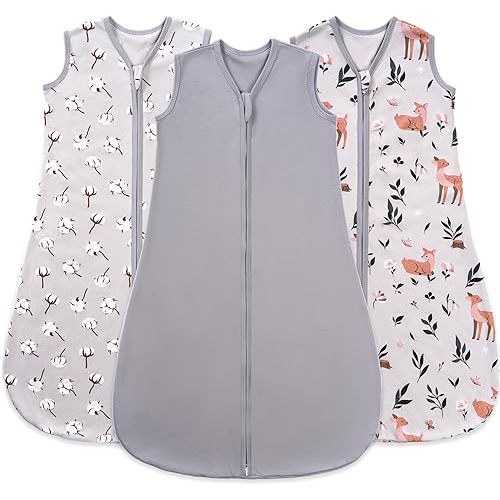 Baby Sleep Sack 12-18 Months, 100% Organic Cotton Wearable Blanket for Babies, 2-Way Zipper TOG 0.5 Lightweight Breathable Baby Sleeping Bag, 4 Sizes-L Cotton&Fawn&Grey