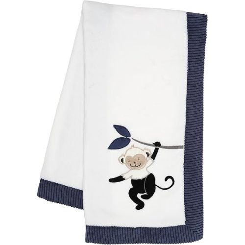 Lambs & Ivy Jungle Party White/Navy Monkey Soft Fleece Baby Blanket