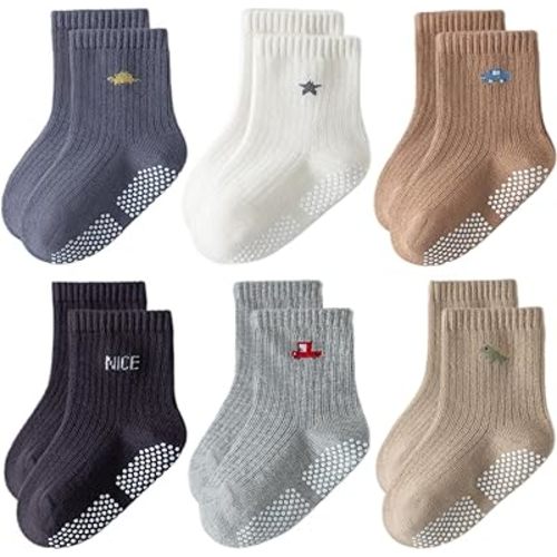 Toddler Non Slip Grip Ankle Socks with Grippers Cute Seamless for Baby Boys Girls Infants Kids 6 Pairs